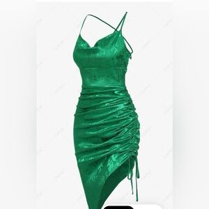 ZAFUL Floral Jacquard Satin Cinched Lace Up Asymmetric Dress - Deep Green